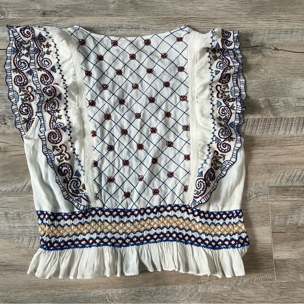 Free People White Holland Park Embroidered Boho Beaded Women's Blouse Sz Small - Picture 5 of 8